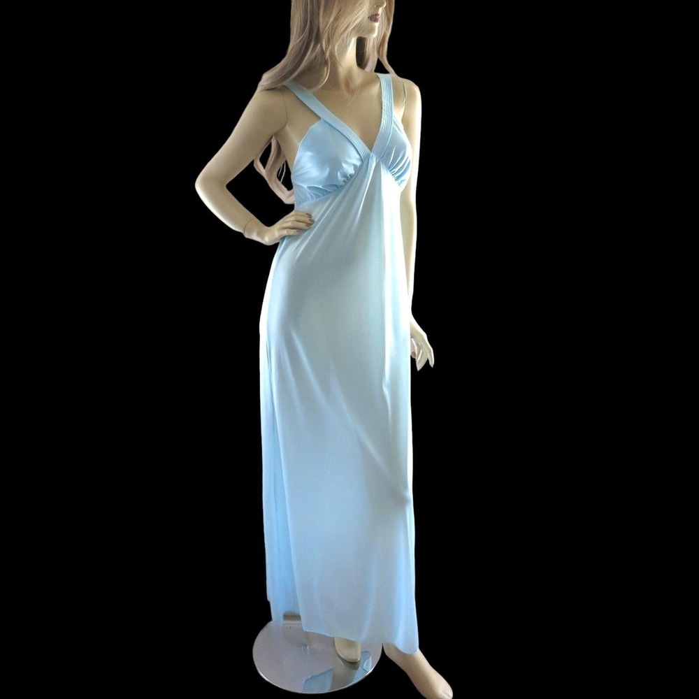 Vtg 70s Sky Blue Gown Empire Waist M Ethereal Archival Romantic Dreamy Aesthetic - Picture 4 of 8